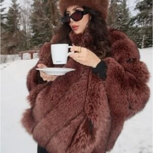 BELLE FARE BROWN FAUX FUR MAUI PONCHO CAPE WITH DIAGONAL ZIPPER S M L *blogger*